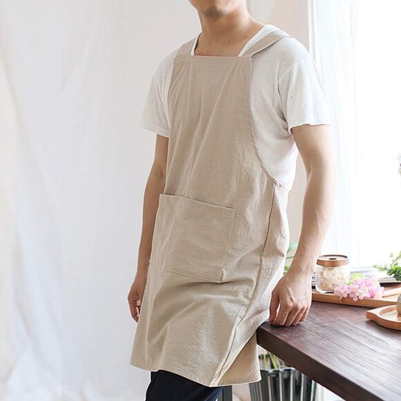 Japanese Linen Cross Back Kitchen Cooking Aprons for Men with Pockets for Baking - Picture 4 of 6